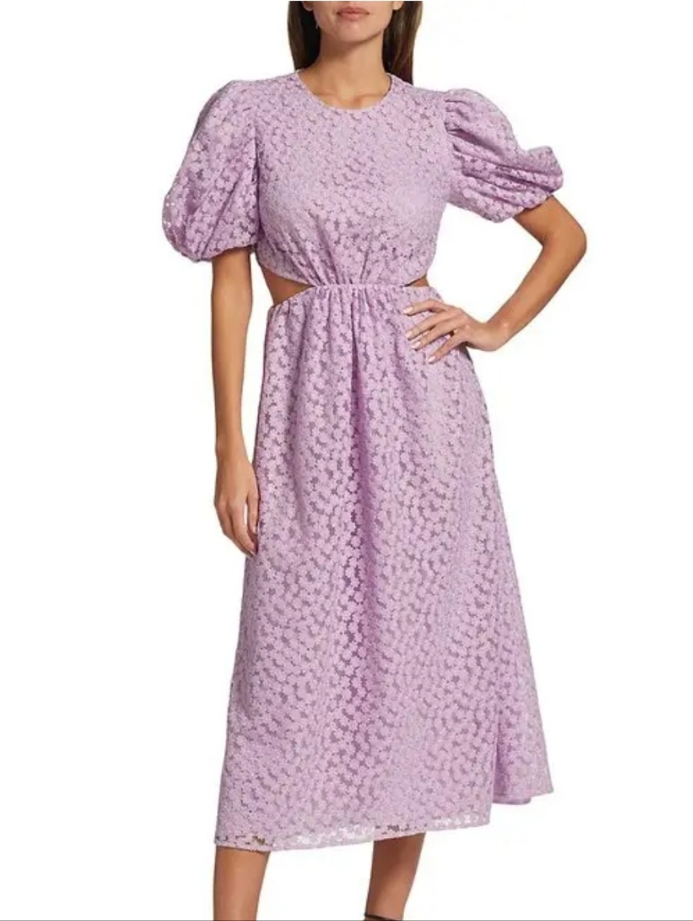 WAYF Cut-Out Lavender Lace Midi Dress M Puff Sleeve Romantic Cottagecore NWT